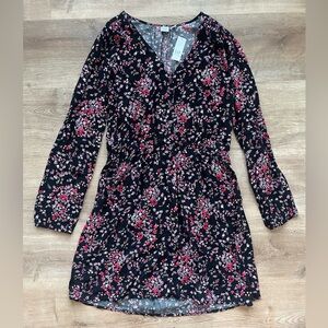 GAP Floral Long Sleeve Mini Dress Black Pink Red Button Front NWT Size L boho
